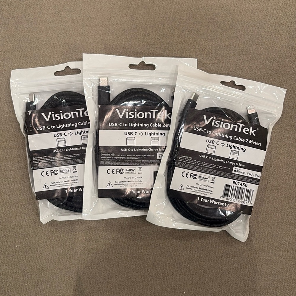 Lot 3 VisionTek USB-C to Lightning 2 Meter Cable Charge Sync Cord Black 901450